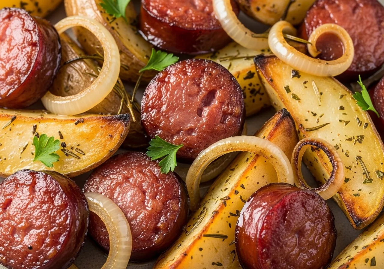 Smoked sausage coins, Yukon gold potatoes, onion, garlic, ranch seasoning, parsley laid out.﻿​