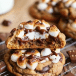 Soft and chewy S’mores Cookies showing melted chocolate and golden marshmallows.
