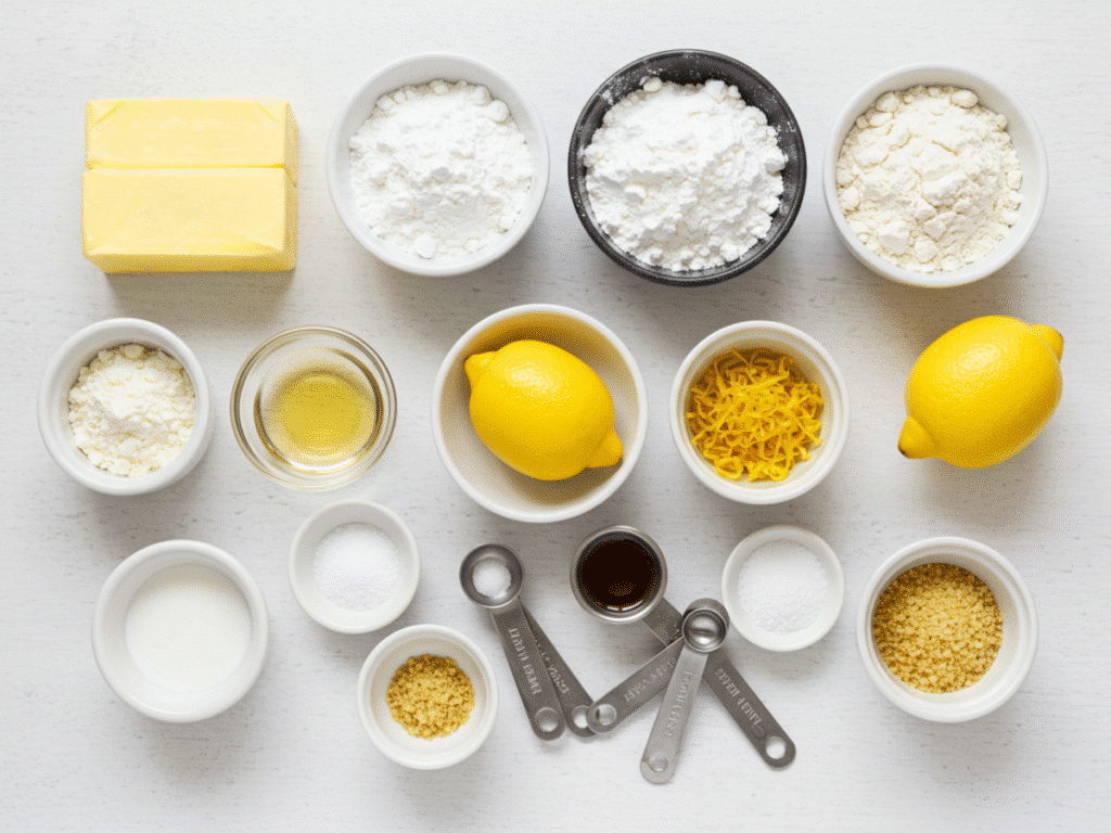 Ingredients for Lemon Shortbread Cookies neatly arranged in bowls: butter, powdered sugar, flour, cornstarch, salt, fresh lemon zest, lemon juice, vanilla extract, on a wooden countertop with measuring spoons.