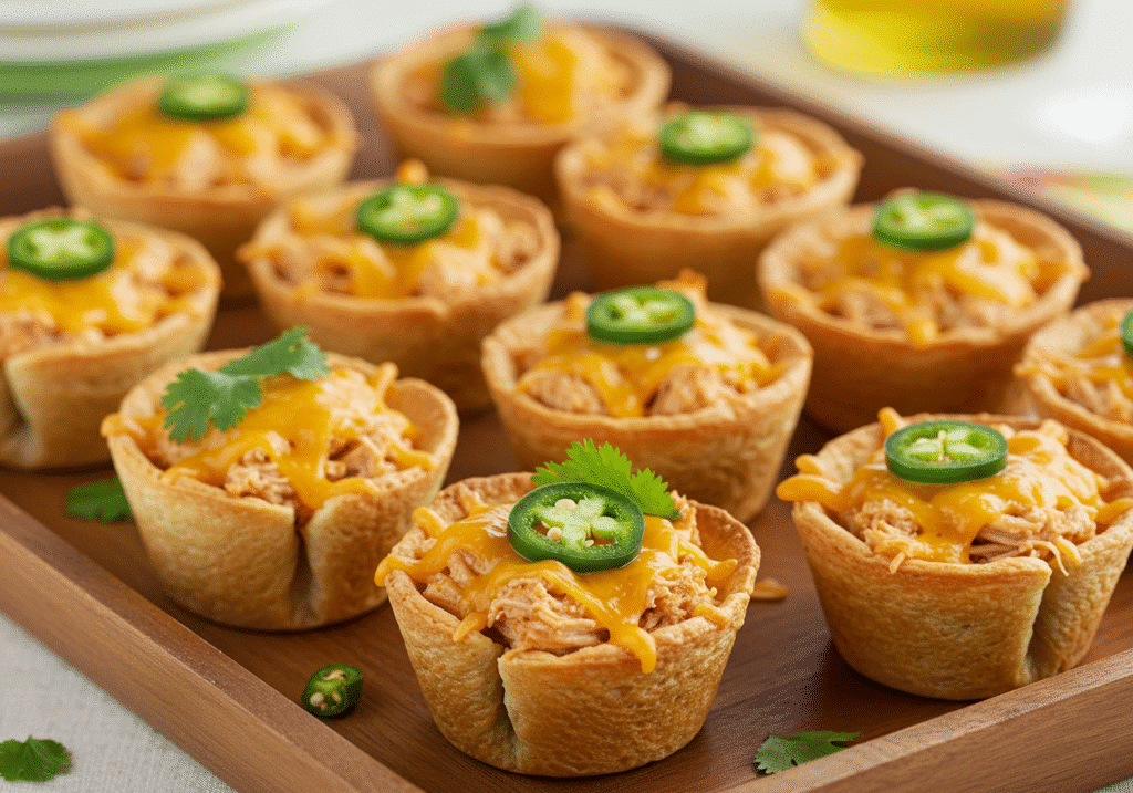 Spicy chicken taco cups on a tray, ready to serve