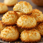 Close-up of freshly baked coconut macaroons with chocolate drizzle on parchment paper