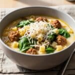 Cozy creamy Italian sausage soup topped with grated Parmesan and cracked pepper.​