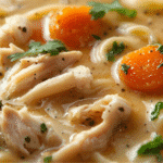 Homemade chicken noodle soup crockpot with shredded chicken and egg noodles.​