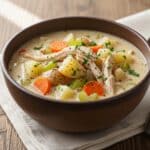 Ladle serving creamy chicken potato soup from slow cooker into bowl​