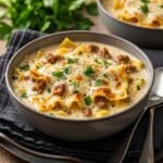 Creamy Alfredo lasagna soup in a white bowl with Italian sausage, ditalini pasta, spinach, and shaved Parmesan on top