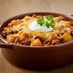 Close-up of Slow Cooker Cowboy Potato Casserole topped with melted cheddar cheese, heating and bubbling in a slow cooker insert