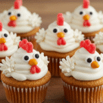 Chicken Cupcakes decorated as chicks with yellow buttercream frosting, candy eyes, and gel icing details for beak and wattles on a rustic wooden tray