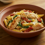 Fork twirling creamy Tuscan Chicken Pasta with juicy chicken, spinach, and sun-dried tomatoes.​​