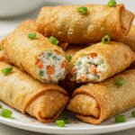 Alt text: "Plated golden crab rangoon egg rolls with sweet and sour sauce and chopped green onions