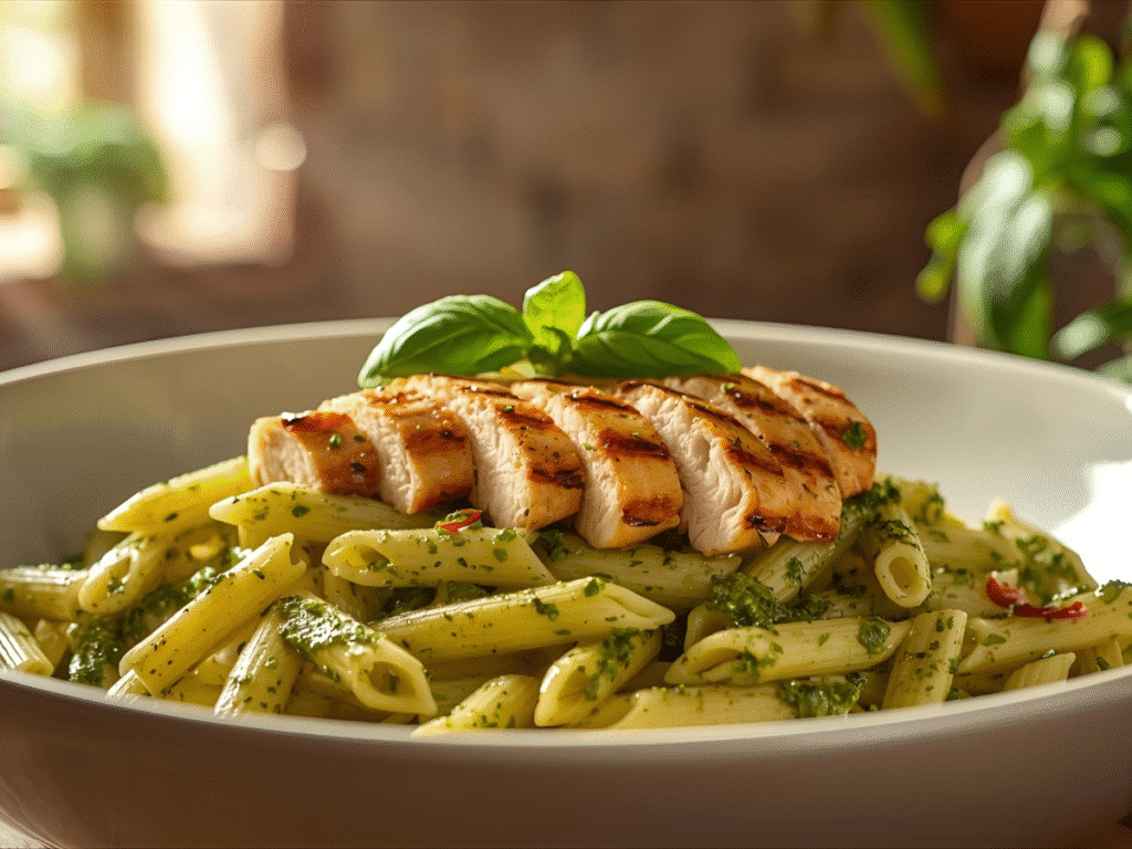 Alt Text: "Creamy Basil Pesto Chicken Pasta bowl with fresh herbs."