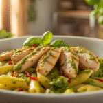Alt Text: "Italian style Creamy Pesto Chicken Pasta plating."