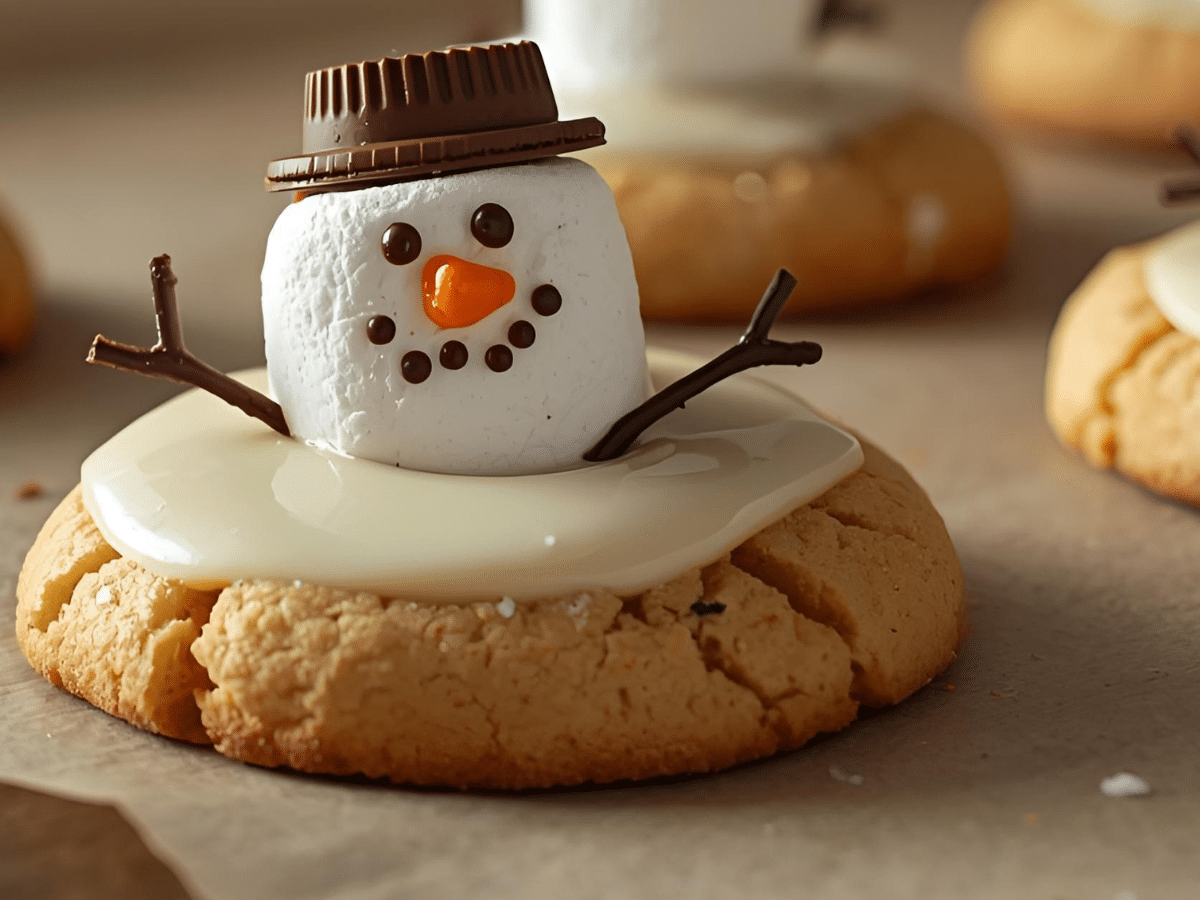 Melted Snowman Peanut Butter Cookies decorated with marshmallows and icing on a cooling rack.