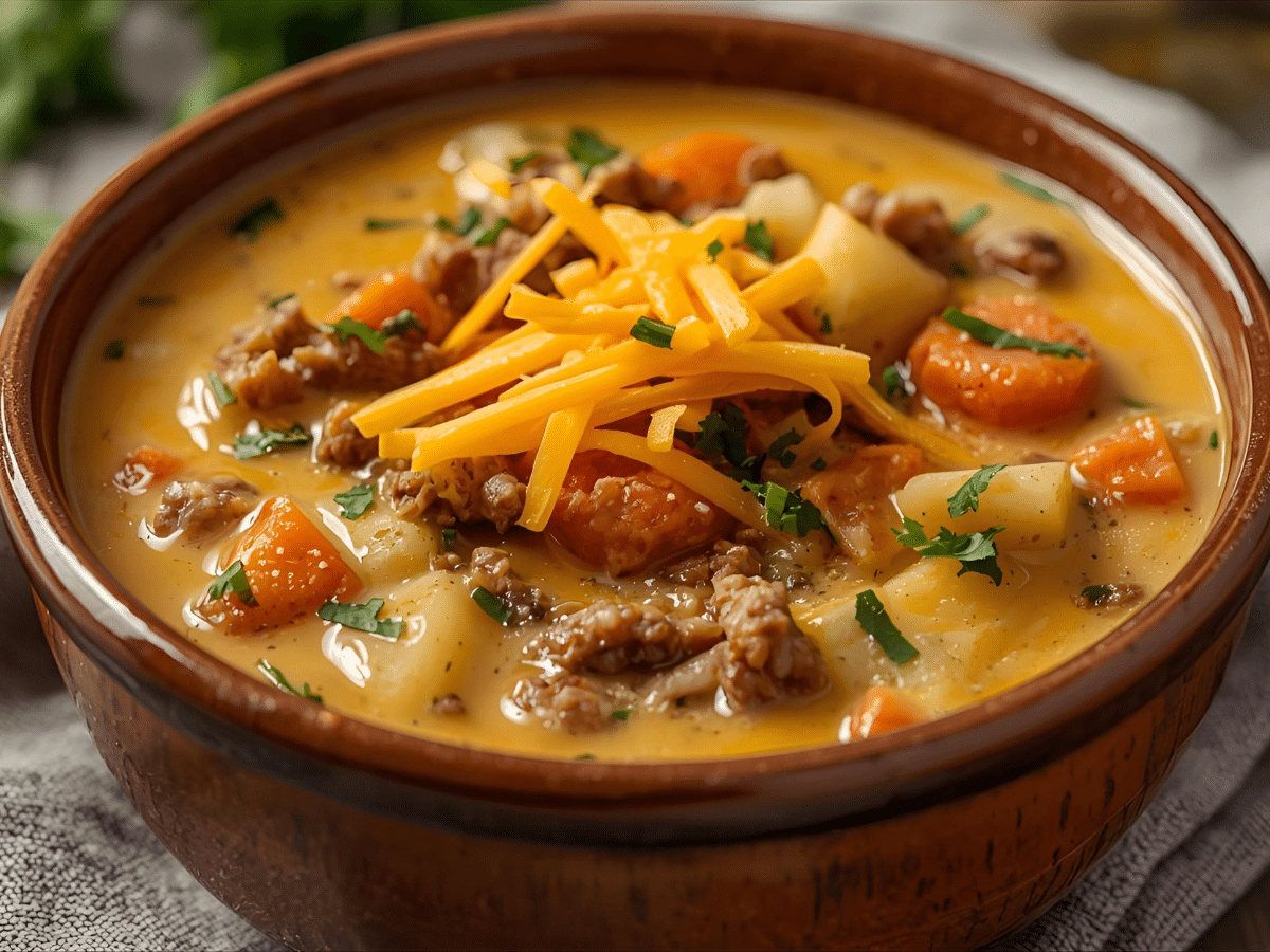 Hearty crockpot cheeseburger soup with beef, potatoes, carrots, onion, and melty Velveeta.