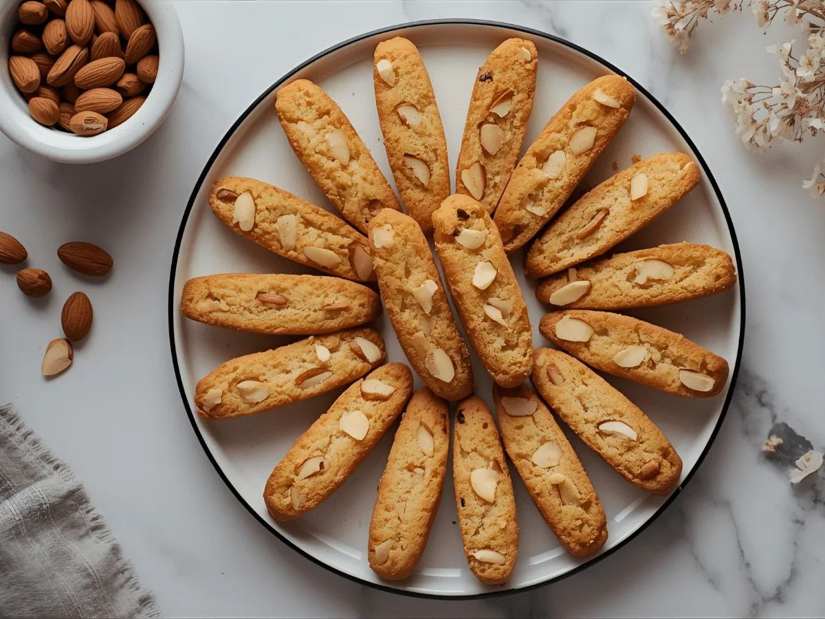 Classic almond biscotti on a café board with espresso, twice-baked texture and toasted almonds.