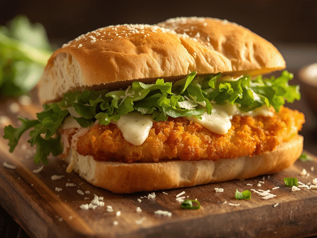 Crispy chicken Caesar sandwich on baguette with panko chicken, romaine, Parmesan, Caesar dressing;