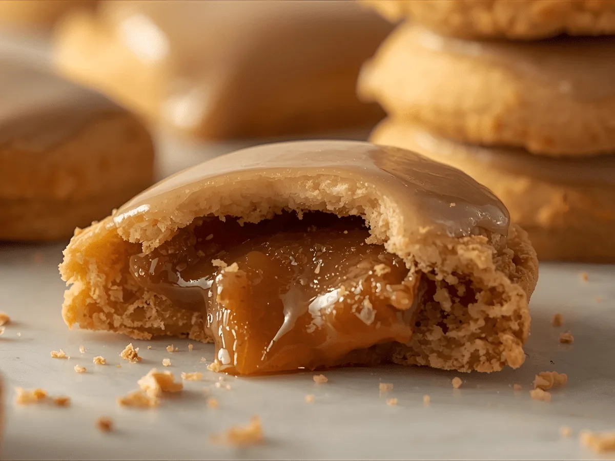 Brown Sugar Pop Tart Cookies with cinnamon filling and icing, warm and glossy finish.​