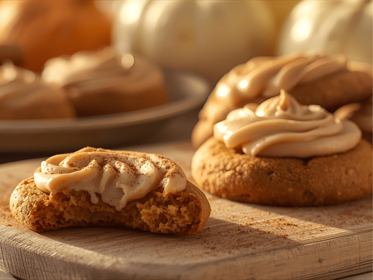 Soft pumpkin cookies with cinnamon frosting on a platter; spice dusted; piping bag nearby.