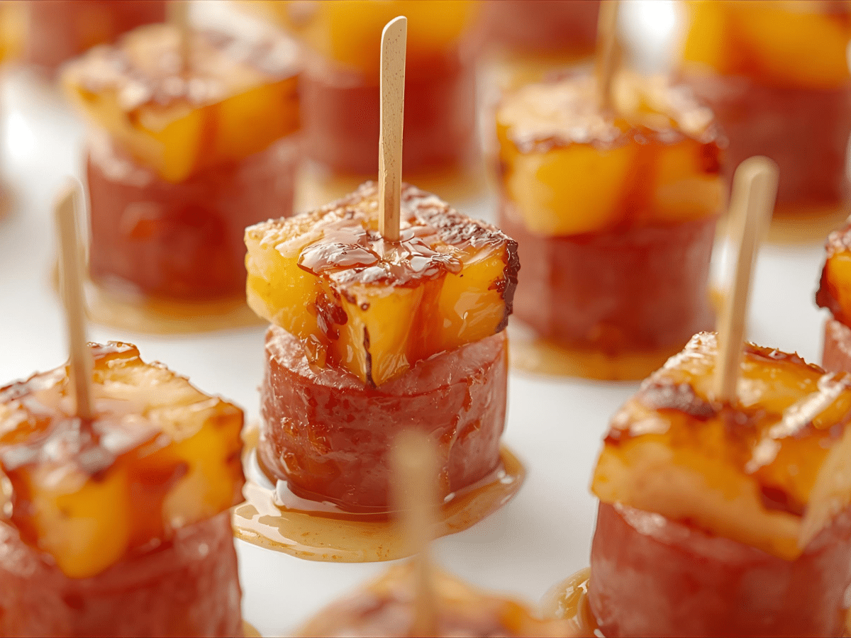 Glazed Pineapple Kielbasa Appetizers with pineapple chunks on toothpicks, glossy teriyaki sweet chili honey finish.​