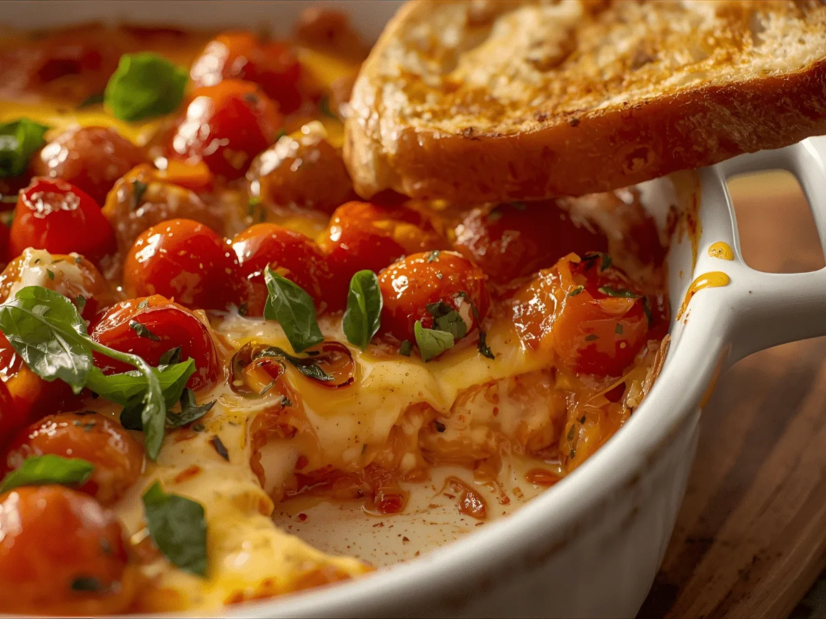 Hot three‑cheese Bruschetta Dip with tomato basil topping and balsamic, served with crostini.​