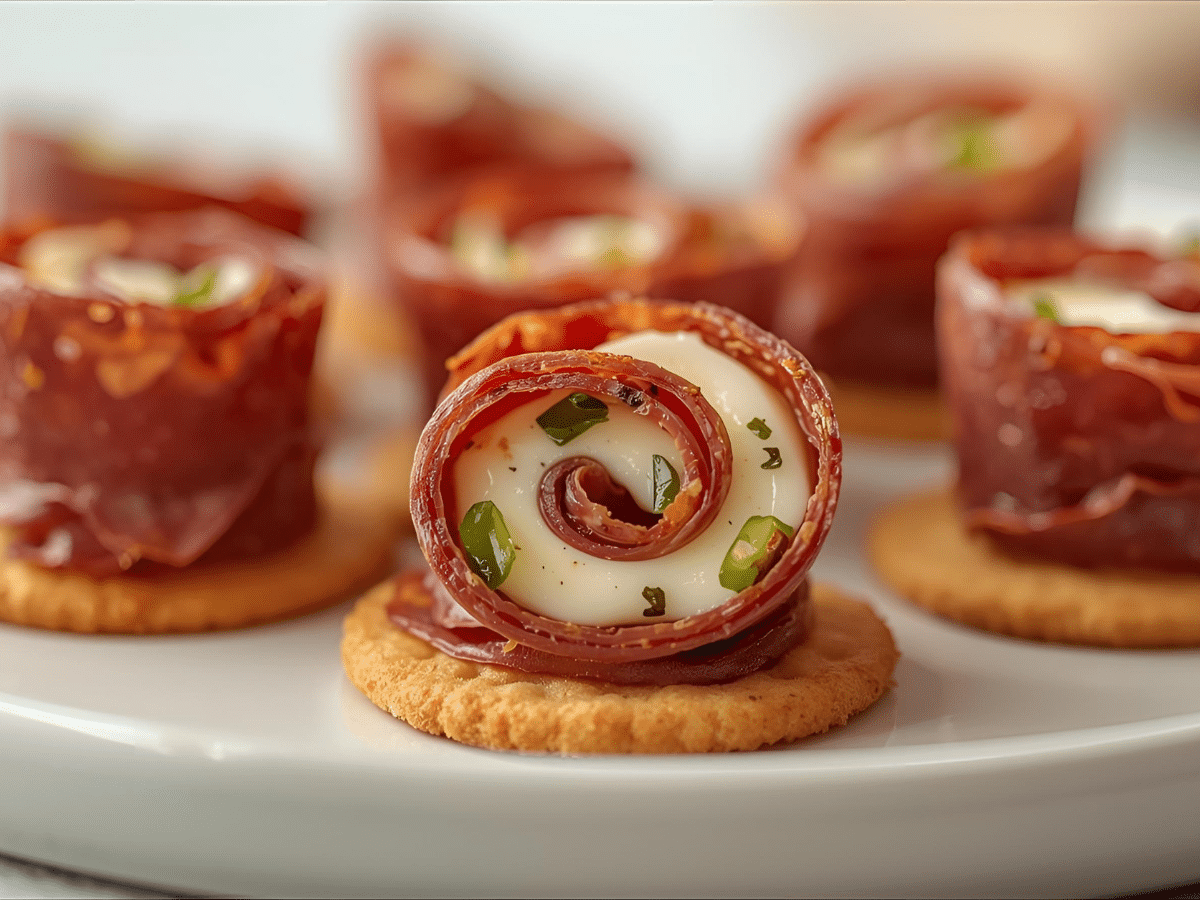 Salami Roll Ups sliced on a platter with cream cheese, chives, toothpicks, olives, and pretzels.​