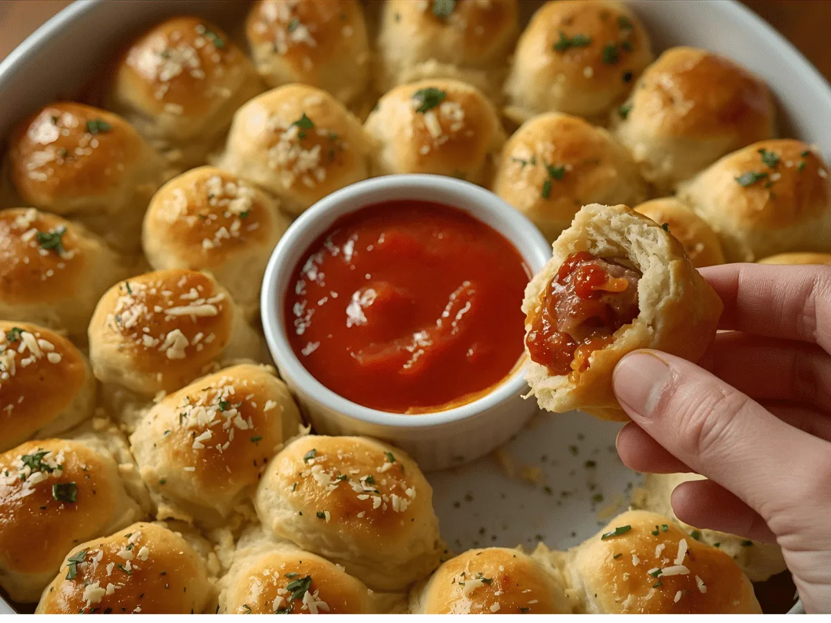 Golden meatball stuffed biscuits with mozzarella and marinara on parchment.​​