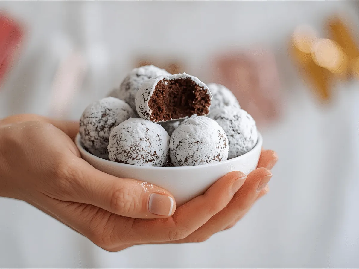 Chocolate Snowball Protein Cookie Recipes with powdered sugar coating and mini chips; Healthy Protein Desserts, Protein Baking.​​