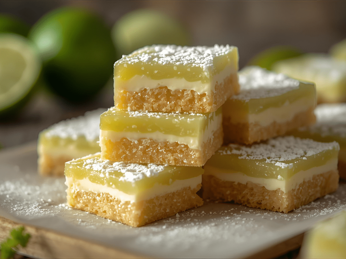 Lime Bars Recipe on shortbread crust with glossy lime filling, lightly dusted with powdered sugar for holiday desserts.​