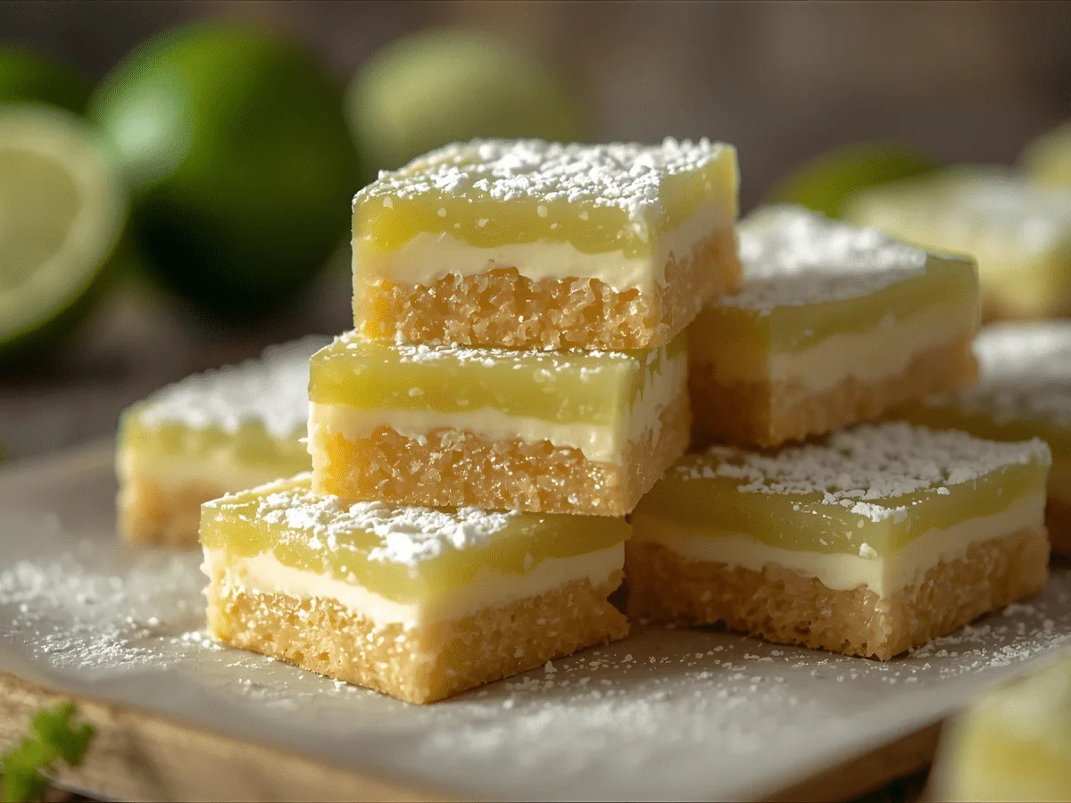 Lime Bars Recipe on shortbread crust with glossy lime filling, lightly dusted with powdered sugar for holiday desserts.​
