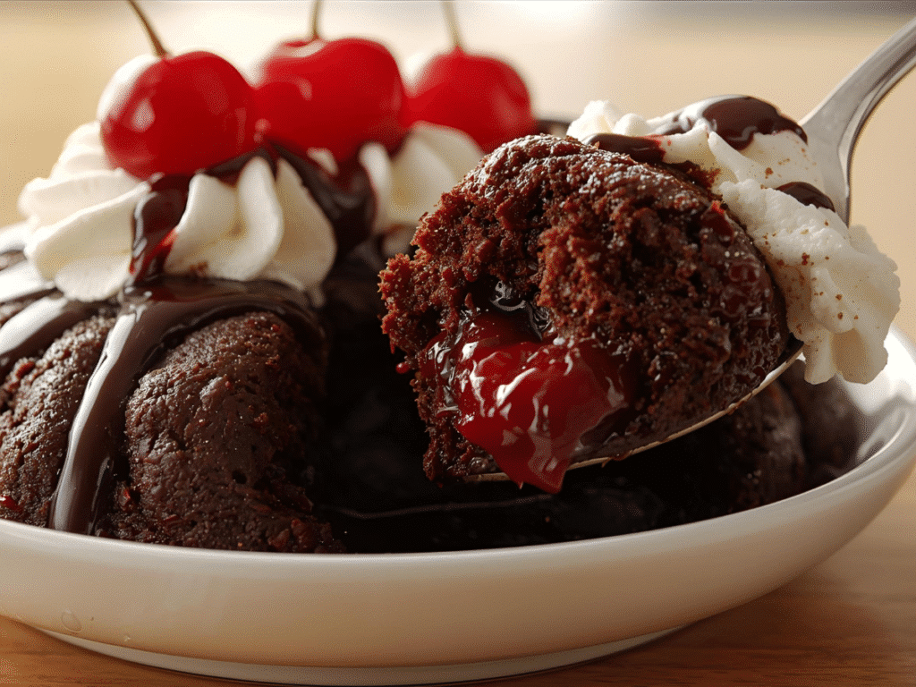 Chocolate cherry dump cake in white ceramic dish with rich chocolate cake and cherry pie filling topped with melted butter.