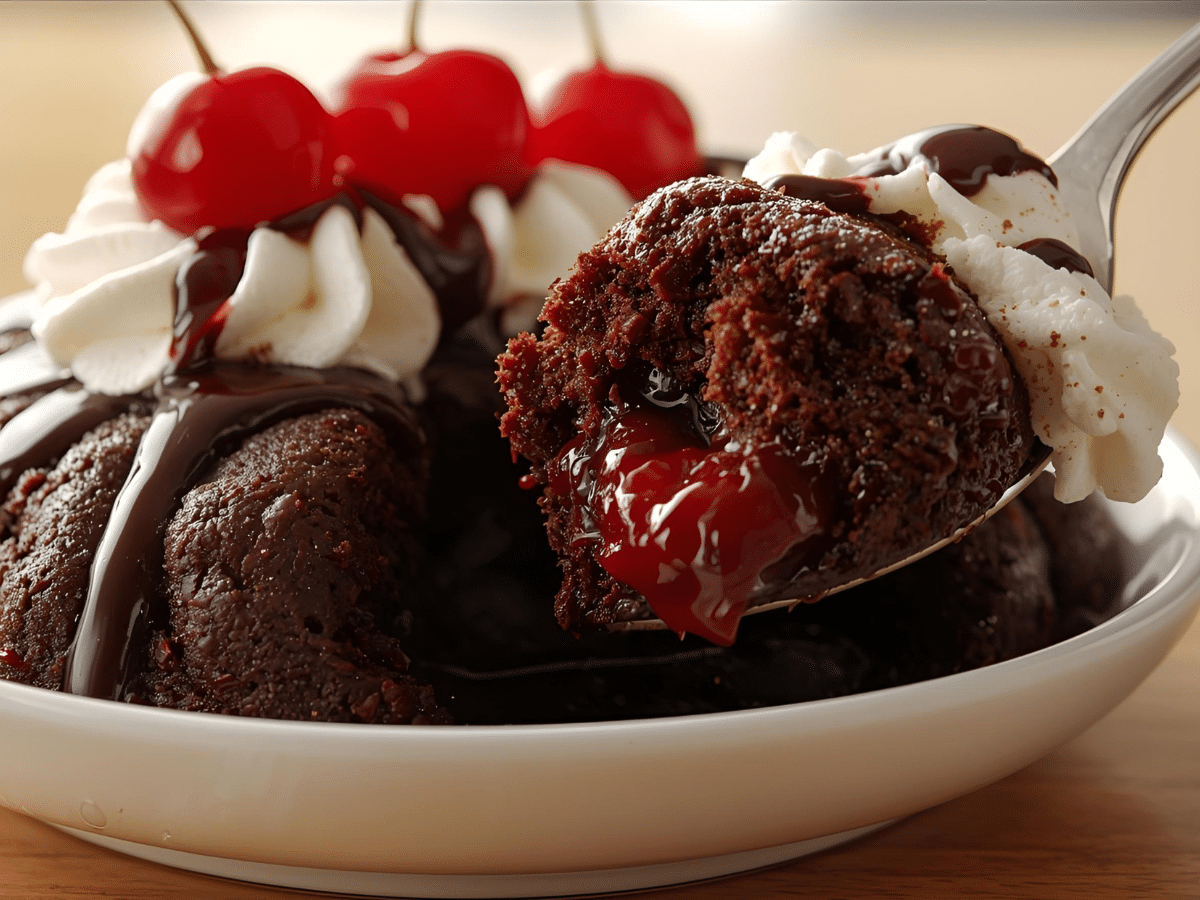 Chocolate cherry dump cake in white ceramic dish with rich chocolate cake and cherry pie filling topped with melted butter.