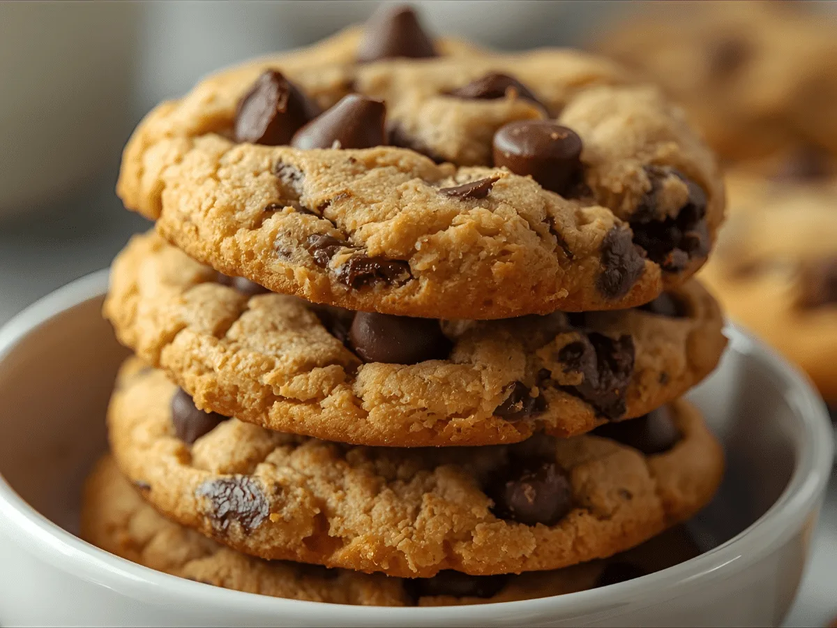 Thick, chewy chocolate chip cookies stacked on parchment, golden edges, melted chips​​