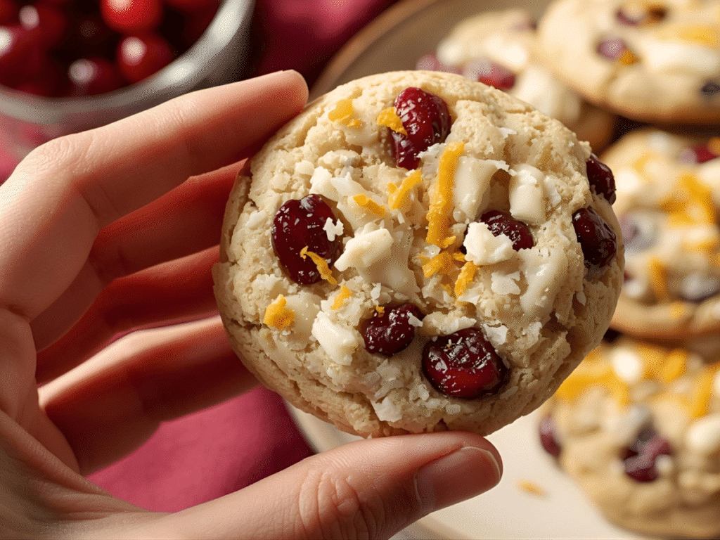 Alt Text: Chewy cranberry orange cookies fresh out of the oven with bright citrus zest and dried cranberries