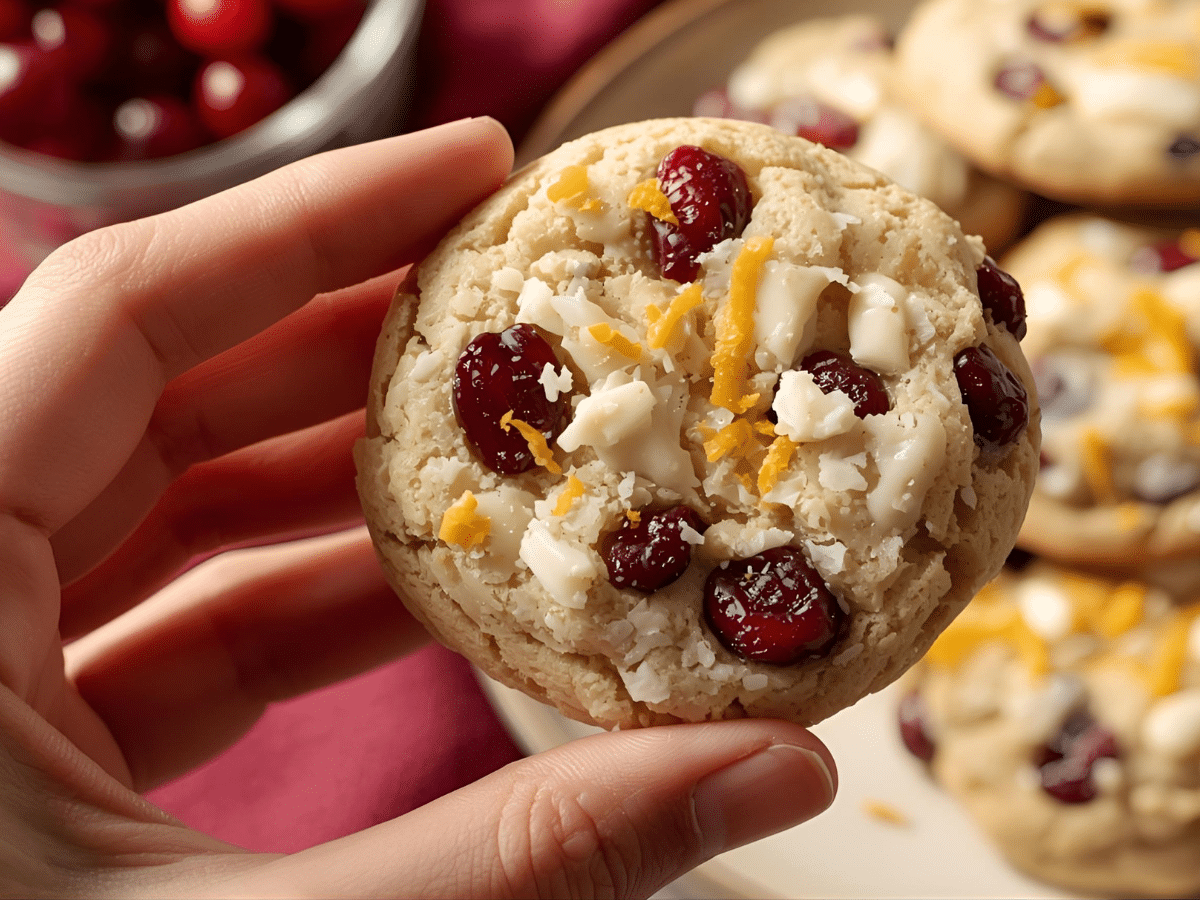 Alt Text: Chewy cranberry orange cookies fresh out of the oven with bright citrus zest and dried cranberries