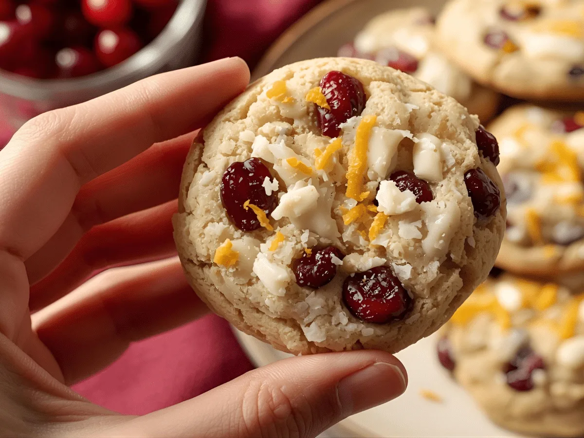 Alt Text: Chewy cranberry orange cookies fresh out of the oven with bright citrus zest and dried cranberries