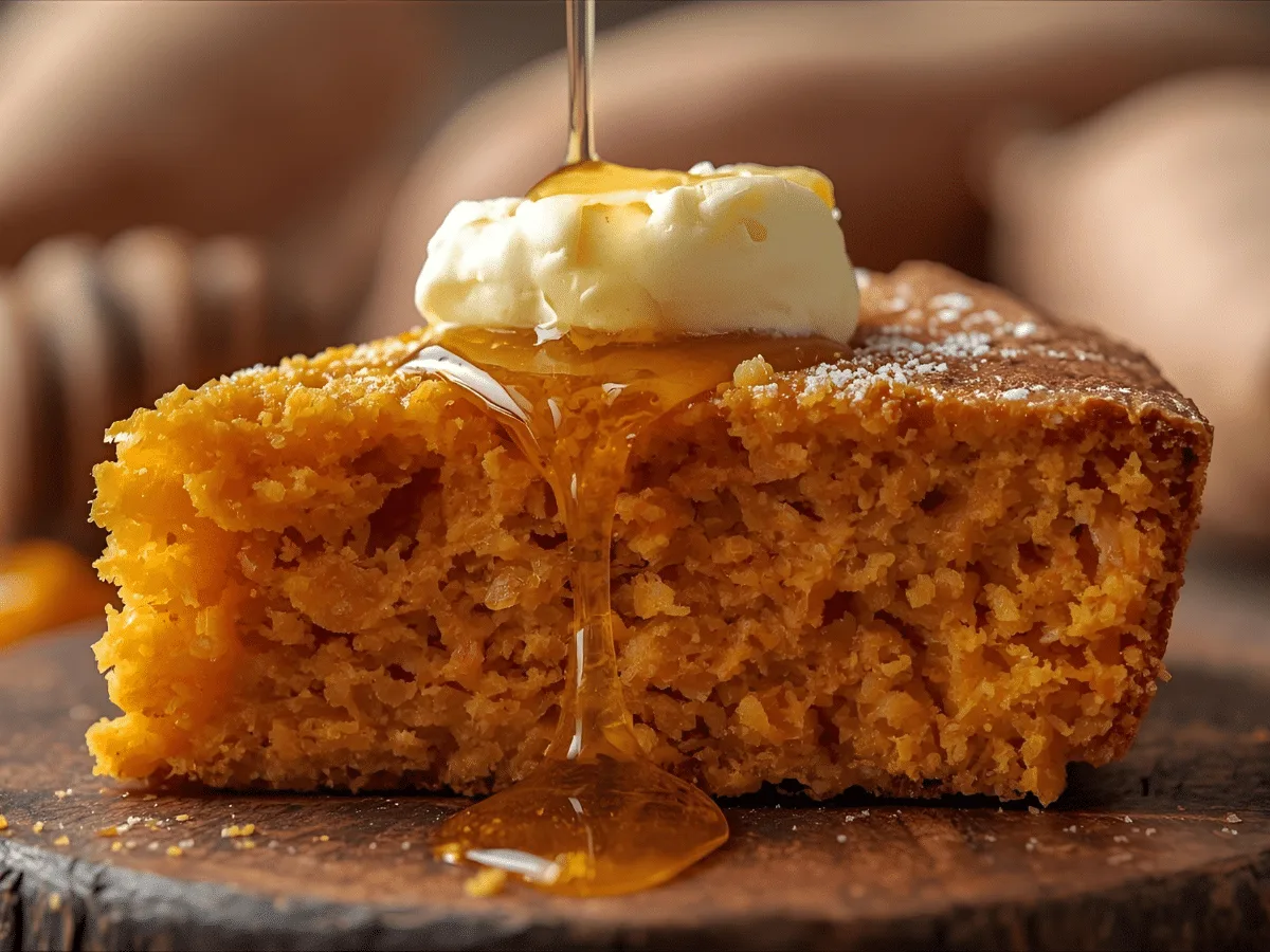 Alt Text: Golden brown honey butter sweet potato cornbread in a skillet.