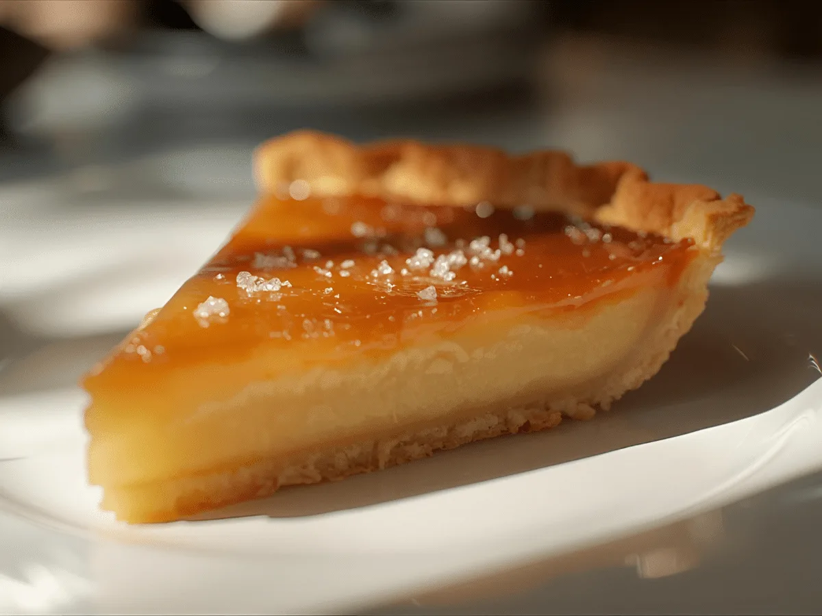Salted Honey Pie with glossy custard and flaky sea salt in a golden crust, slice plated, honey jar and dipper nearby.​