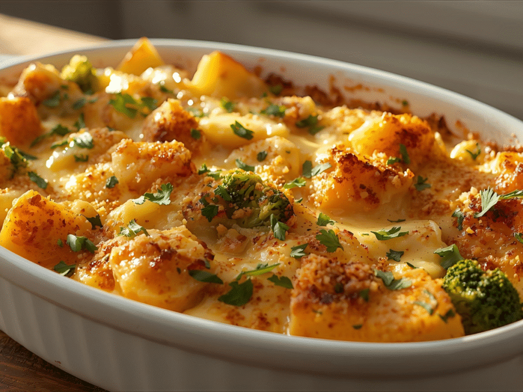 Alt Text: Baked Potato Chicken and Broccoli Casserole in a white baking dish.