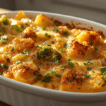 Alt Text: Baked Potato Chicken and Broccoli Casserole in a white baking dish.