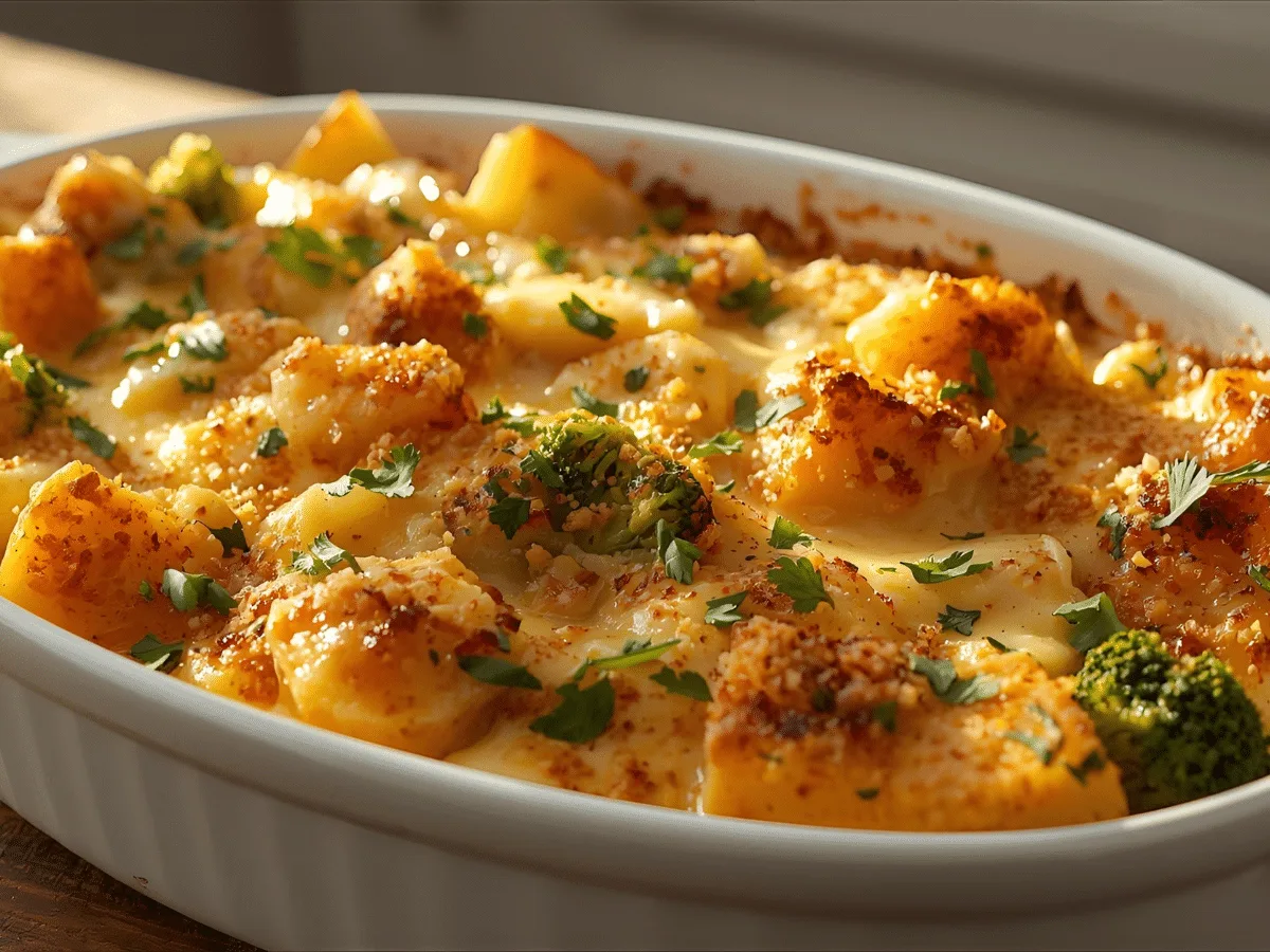 Alt Text: Baked Potato Chicken and Broccoli Casserole in a white baking dish.