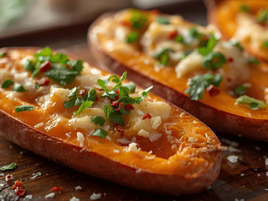 Crispy Garlic Parmesan sweet potato wedges on parchment with parsley and ranch dip.​