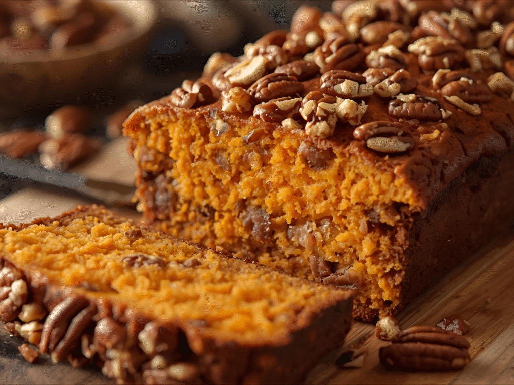 Golden Sweet Potato Pecan Bread loaf with sliced end and visible pecan flecks on a wooden board.​