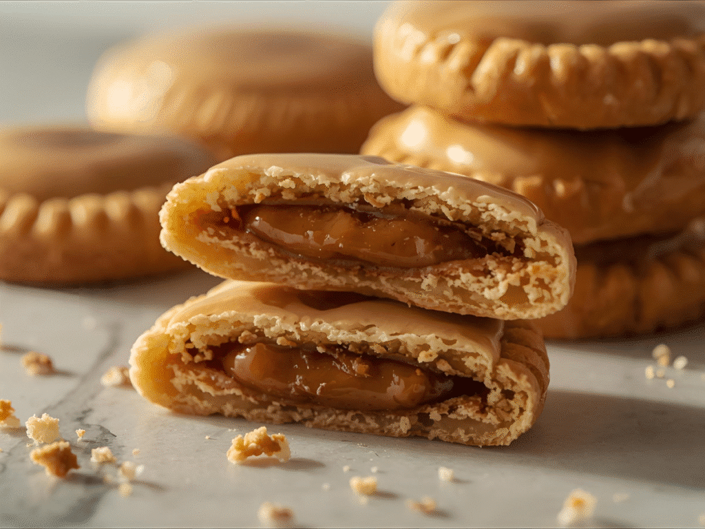 Iced Brown Sugar Pop Tart Cookies on parchment with glossy drizzle.​