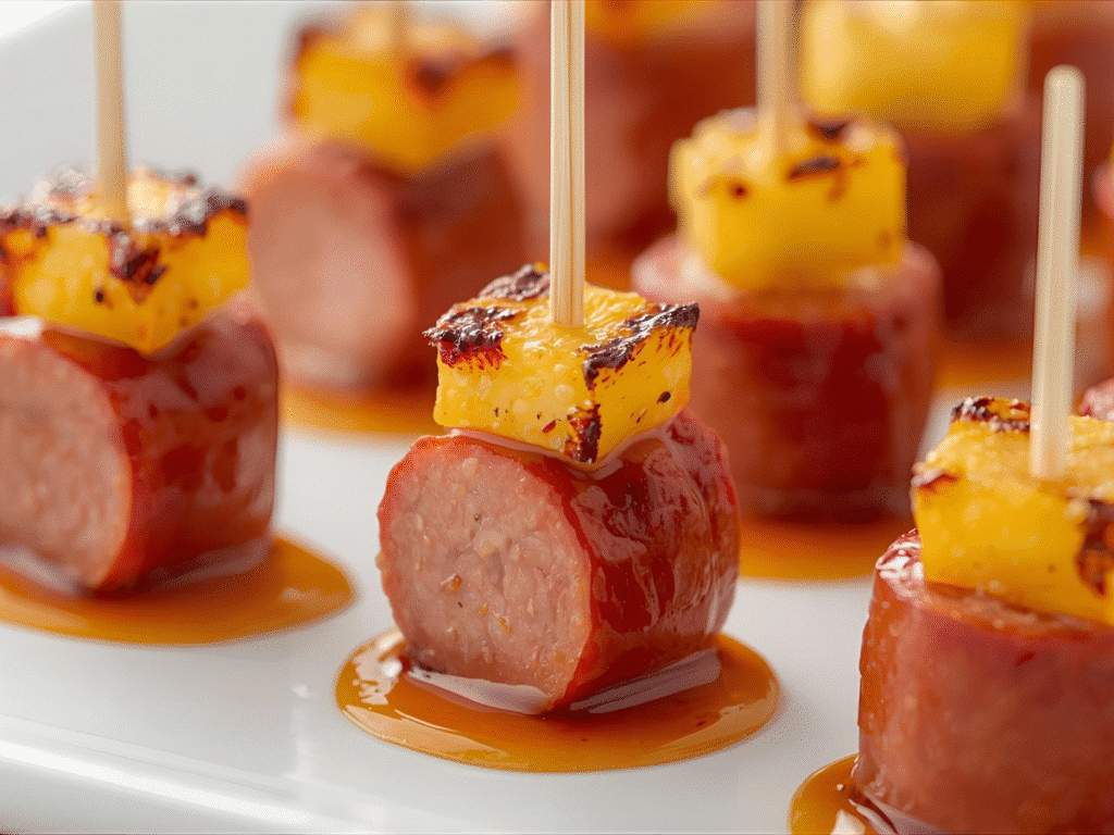 Sweet chili teriyaki Pineapple Kielbasa Appetizers on wood board, warm light.​