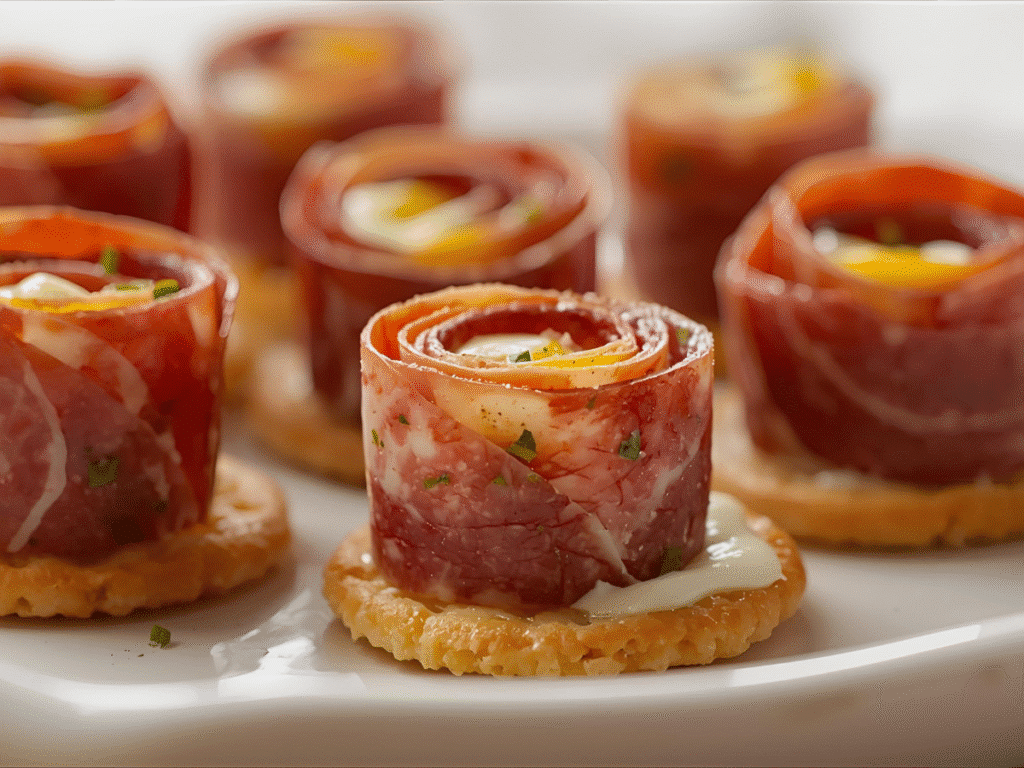 Salami Roll Ups with cream cheese, chives, olives, toothpicks, and pretzels on a platter.​
