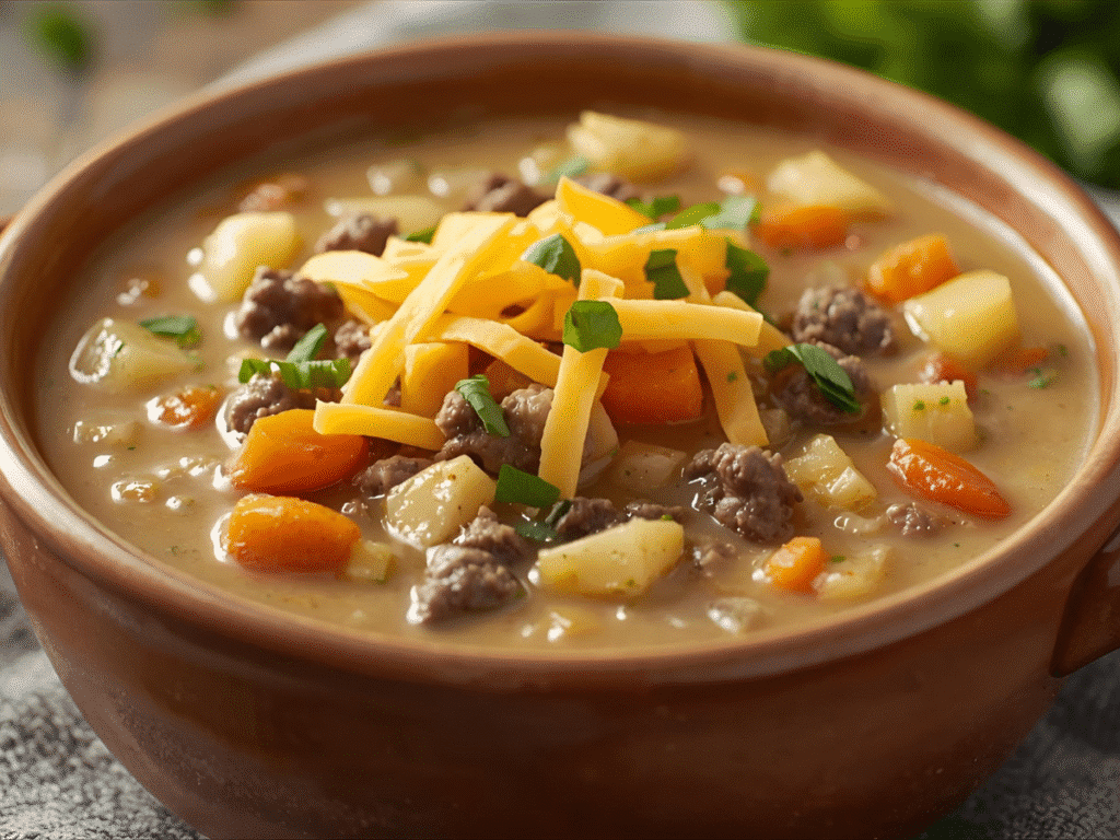 Cozy slow cooker cheeseburger soup, velvety cheese base and tender veggies.