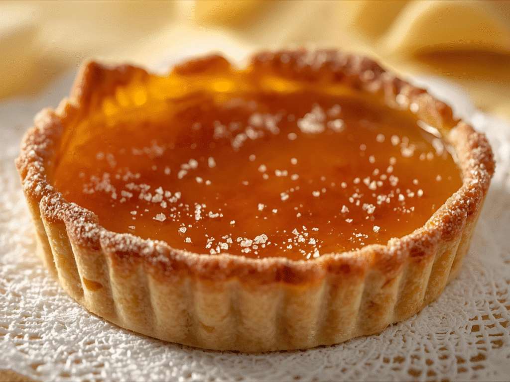 Feature v1 — Alt: Salted Honey Pie in a golden crust, glossy custard top, finished with flaky sea salt, slice served on a plate. 