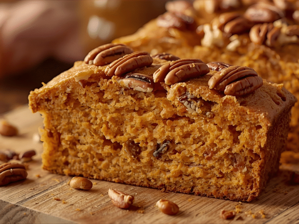 Sliced Sweet Potato Pecan Bread on a wooden board with pecan‑studded crust.​