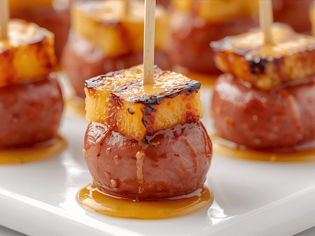 Close‑up glazed Pineapple Kielbasa Appetizers, sticky amber finish.​