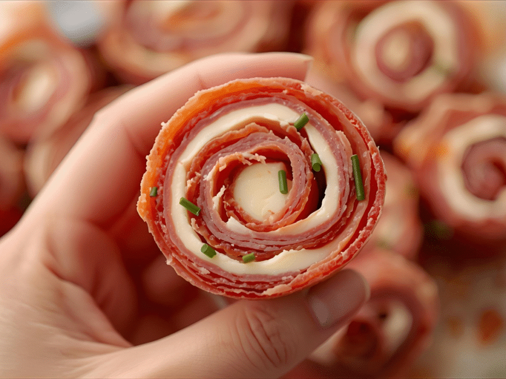 Sliced Salami Roll Ups revealing creamy chive-studded filling with olive garnish.​