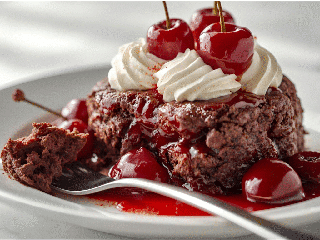 Close-up fork breaking into chocolate cherry dump cake displaying moist texture and cherry filling.